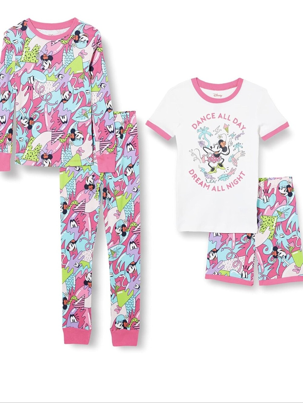 Disney Minnie Mouse White & Pink Girls Pajama Set with Colorful Print X2